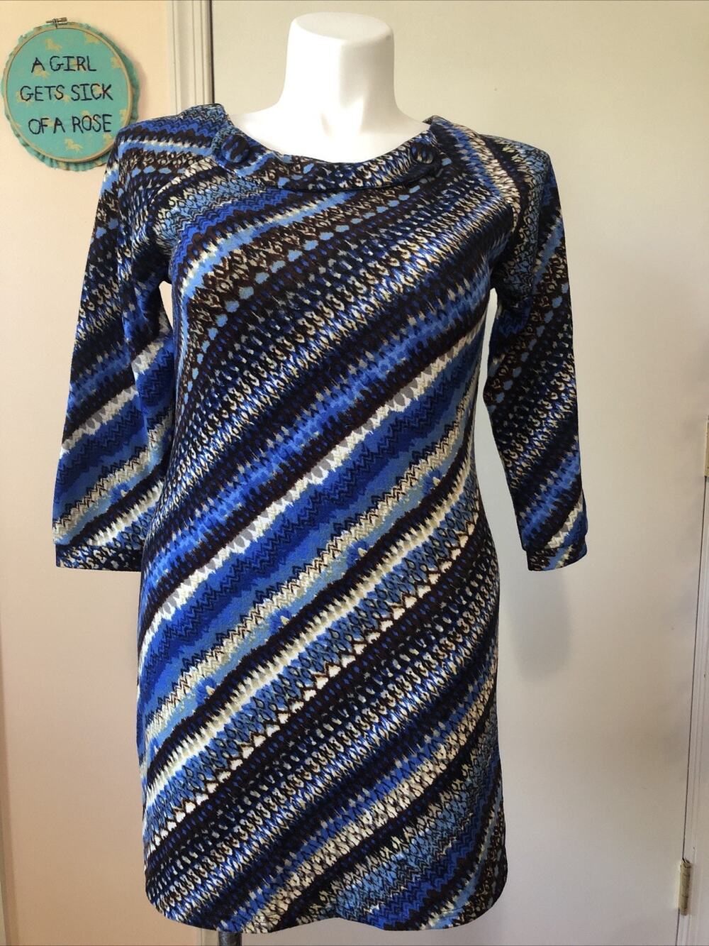 Anthropologie Aryeh Sweater Dress Blue White Midi Large Boho 3/4 Sleeve Stretch